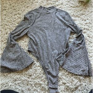 Super cute dark gray high neck, Bell sleeve evening date night bodysuit